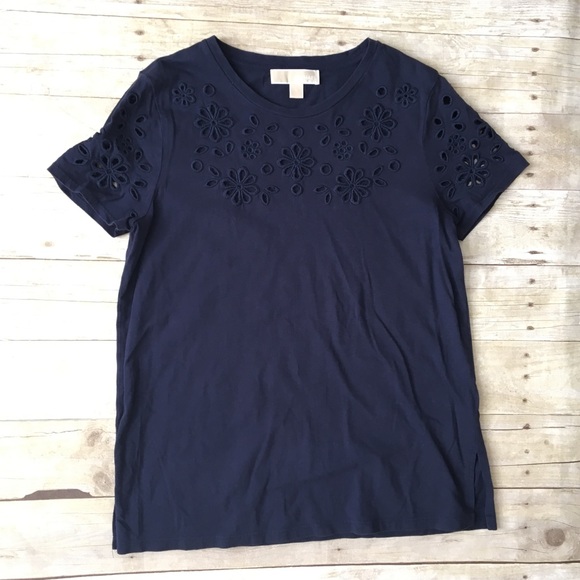 MICHAEL KORS Navy Laser Cut Eyelet Short Slv Tee - Picture 2 of 7